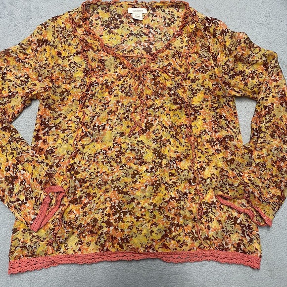 Sundance Tops - Sundance Silk Blouse Medium Floral Print Sheer Lightweight Ruffle Lace Trim Boho